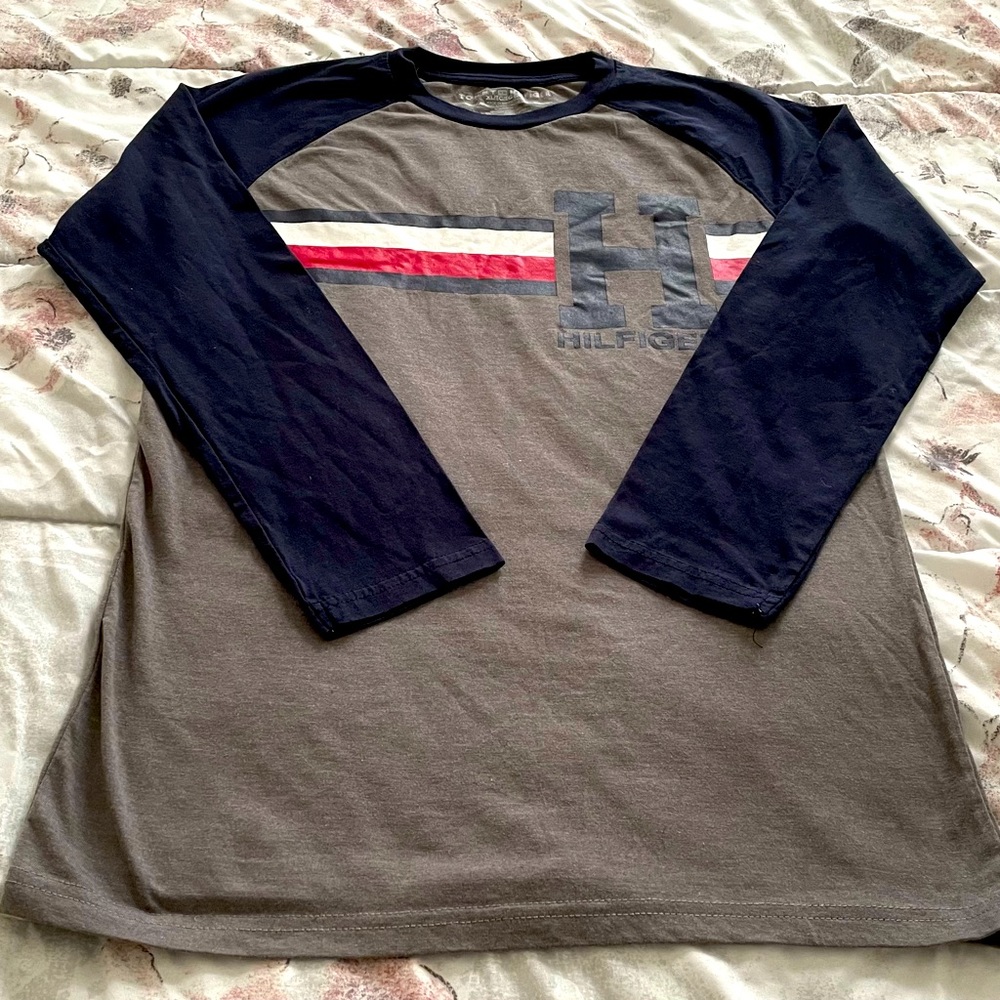 Tommy Hilfiger boys long sleeves gray blue cotton basic shirt, size XL or 20